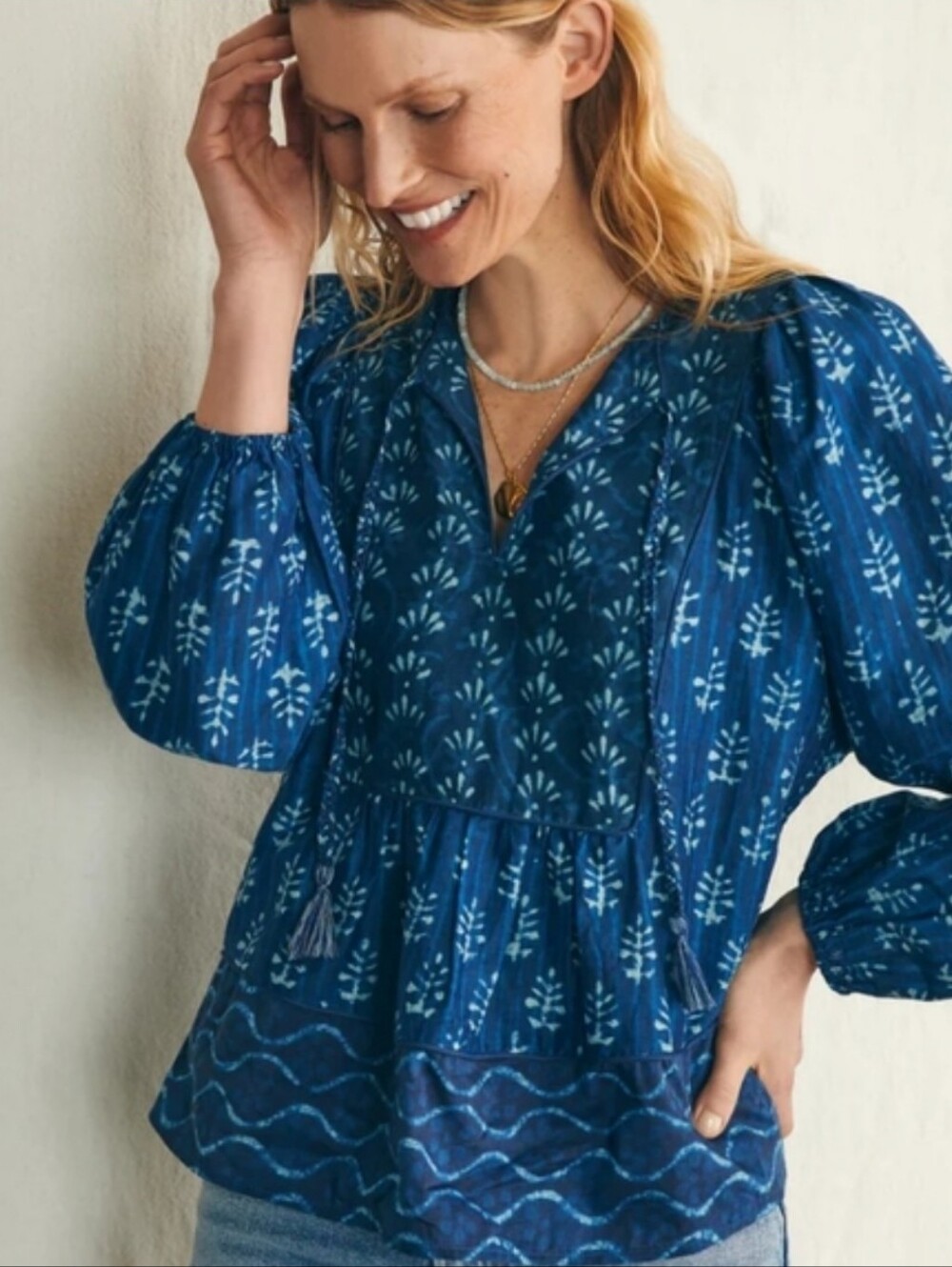 Faherty Solstice Tie Neck Relaxed Boho Peasant Top Women's Size Small